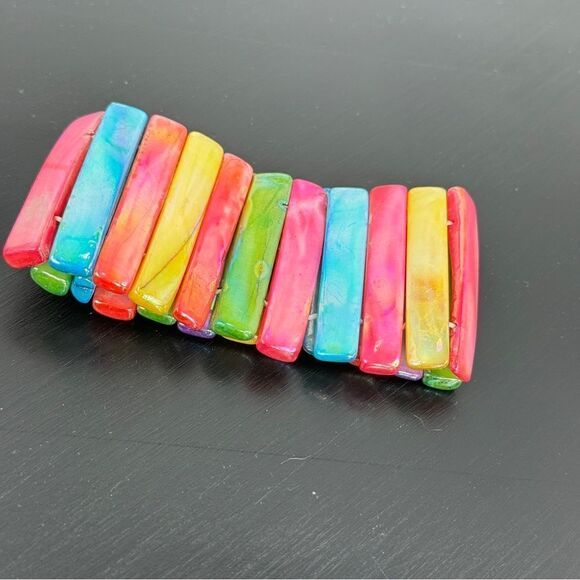 Mother Of Pearl Abalone Luster Seashell Elastic Stretch Cuff Bracelet Rainbow - Picture 7 of 9